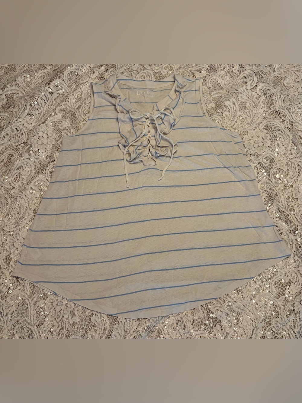 LOFT Pre-loved Women’s Cream Tank Top with Light Blue Stripes Lace-Up Neck Sz. S